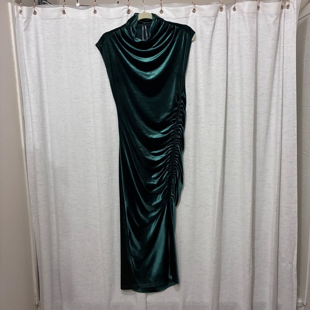 Anthropologie Green Velvet Cowl Neck Ruched Midi Dress Womens Small